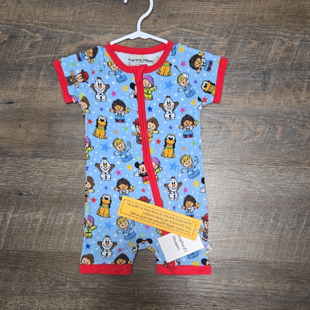 6-12 Month Bamboo Blue Character-Print Kids One-Piece Romper with Red Trim